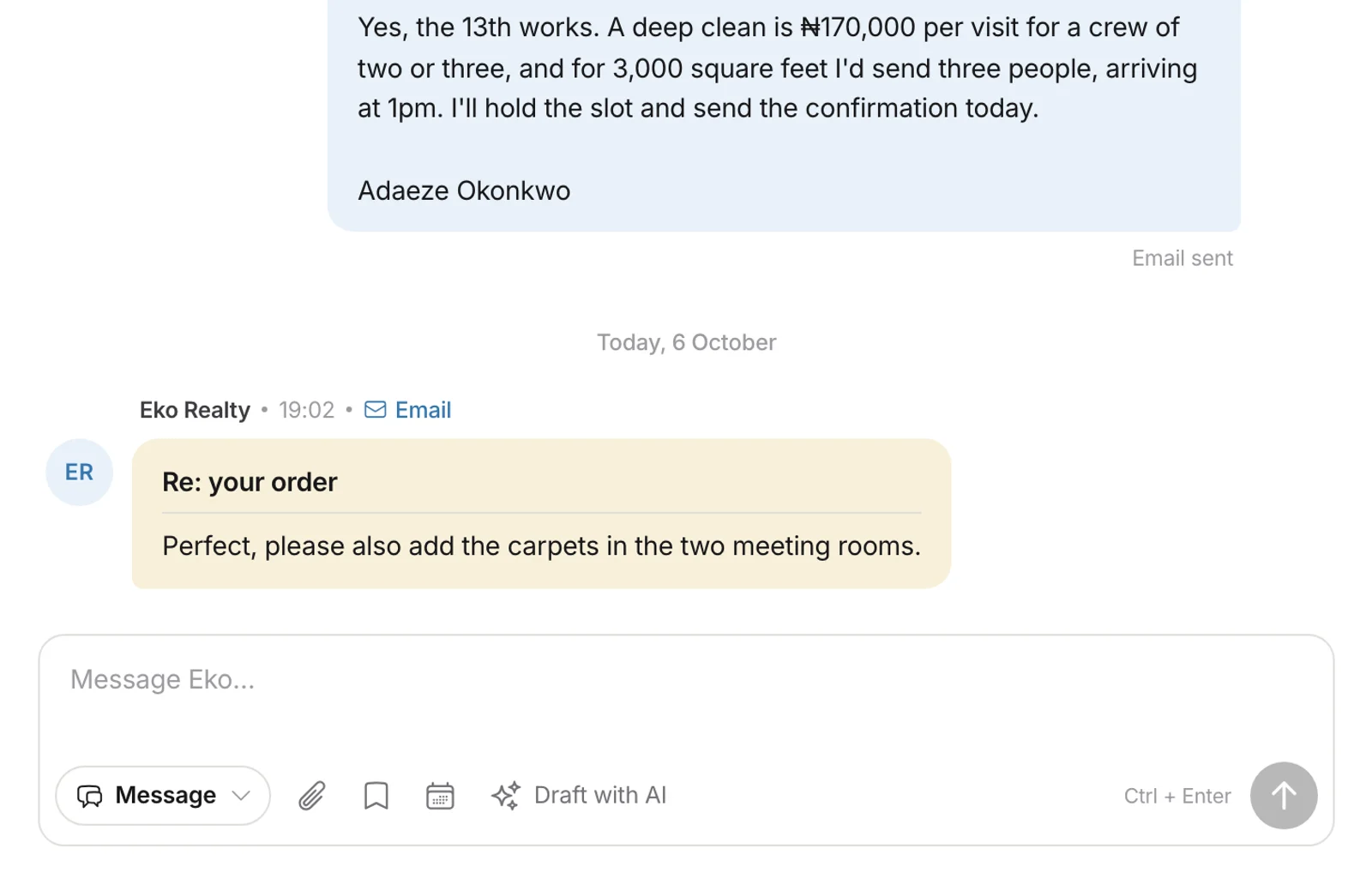 An inbox conversation with a reply box and a Draft with AI button