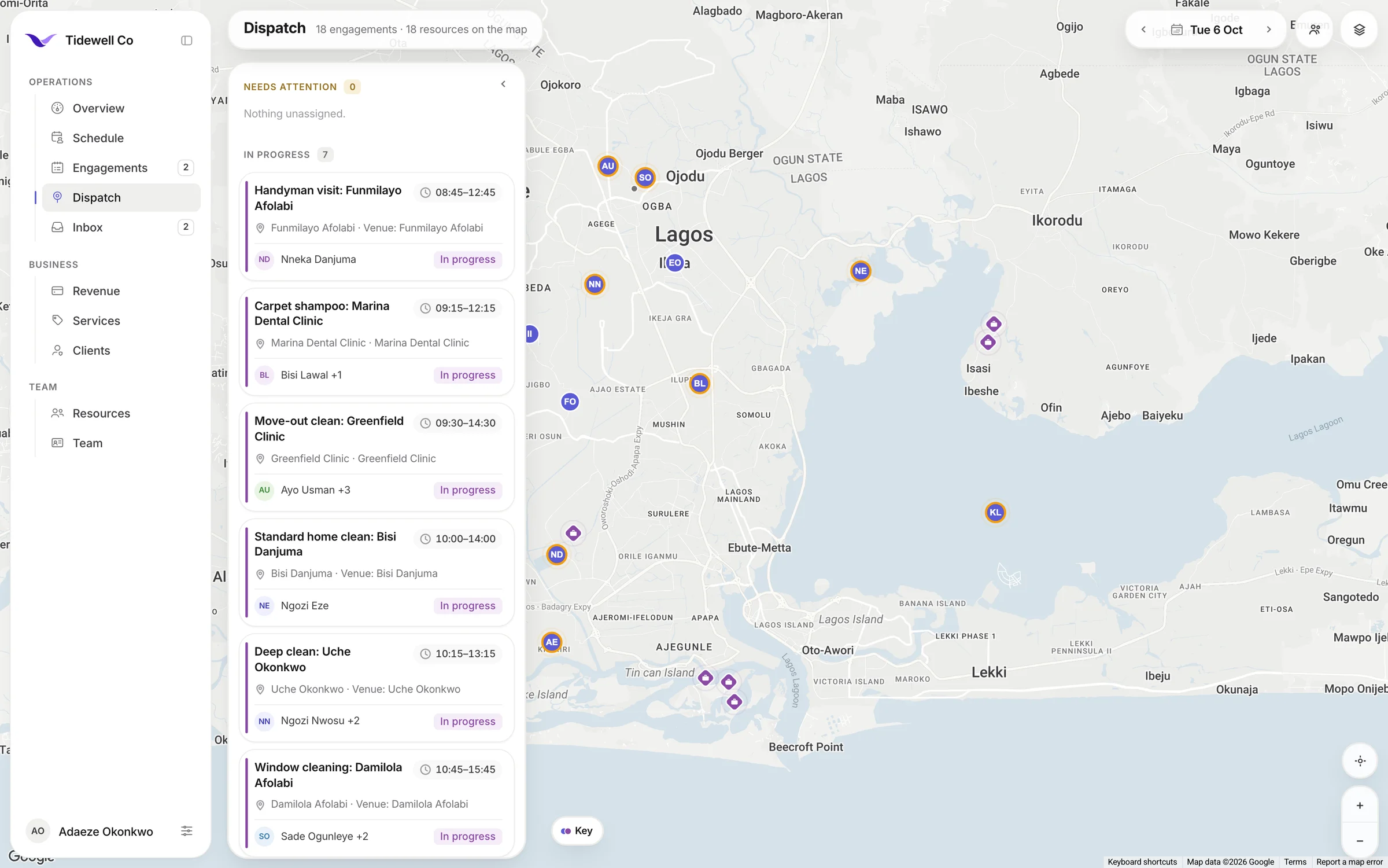 The VendoBird dispatch map with a list of in-progress engagements beside it