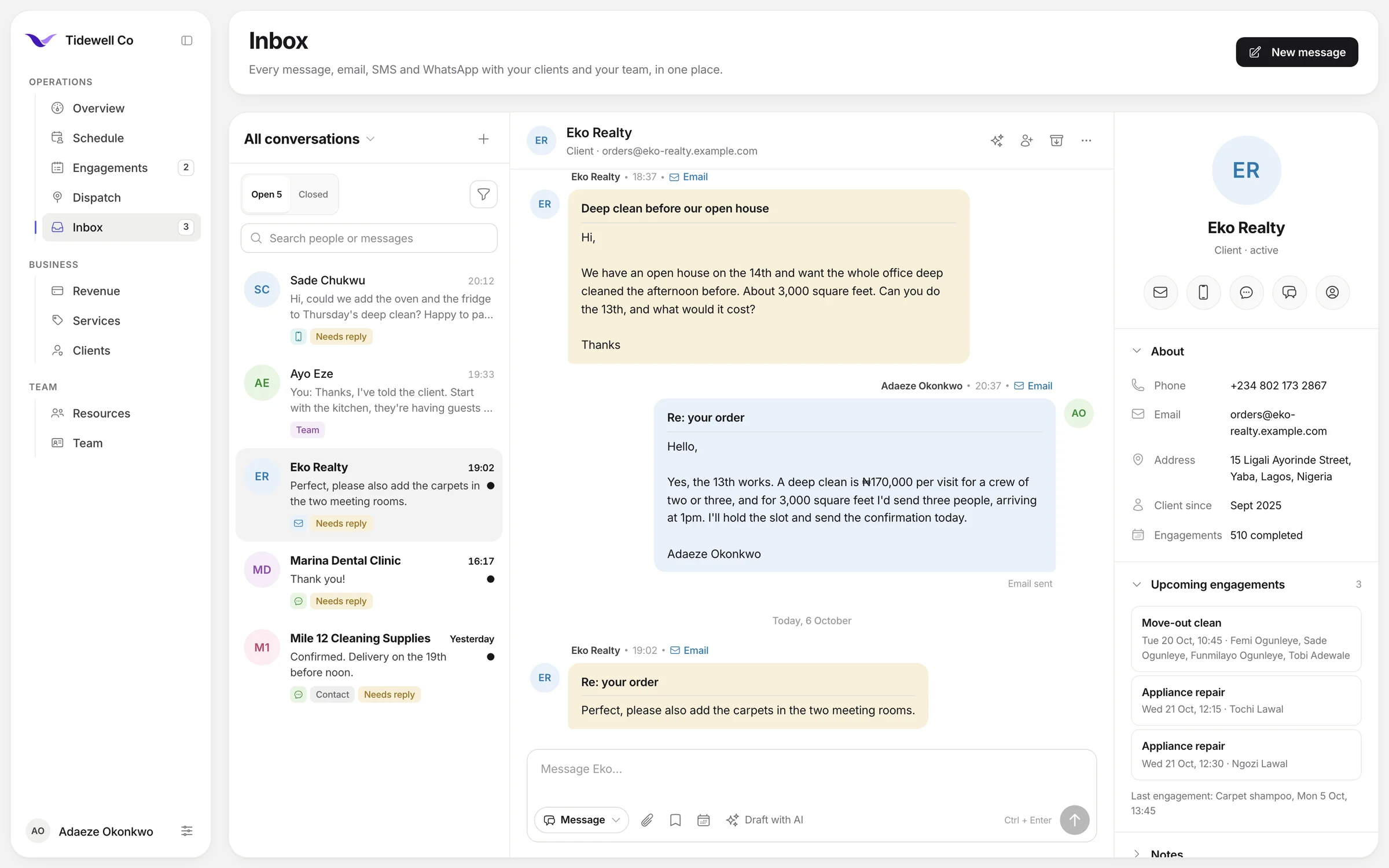 The VendoBird inbox showing a client conversation with their details alongside